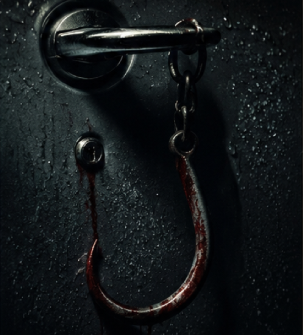 Bloody metal hook hanging from a car door handle in a dark horror scene inspired by the Hook-Handed Man legend