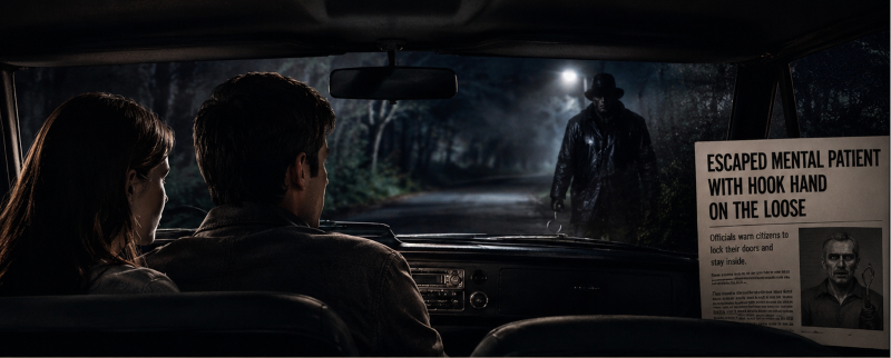 Terrified young couple sitting in a car at a dark lover’s lane while a shadowy hook-handed man approaches through the fog