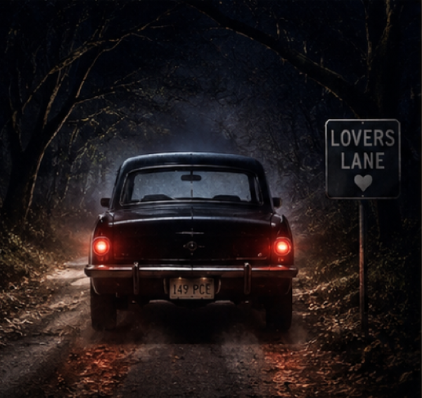 Vintage car parked on a lonely forest road at night near a lover’s lane sign during the Hook-Handed Man urban legend