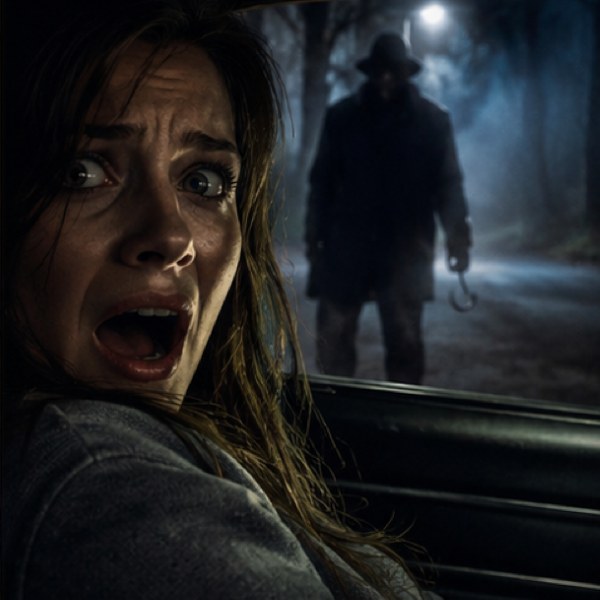 Frightened woman inside a car looking back at a mysterious hook-handed figure standing in the darkness behind her