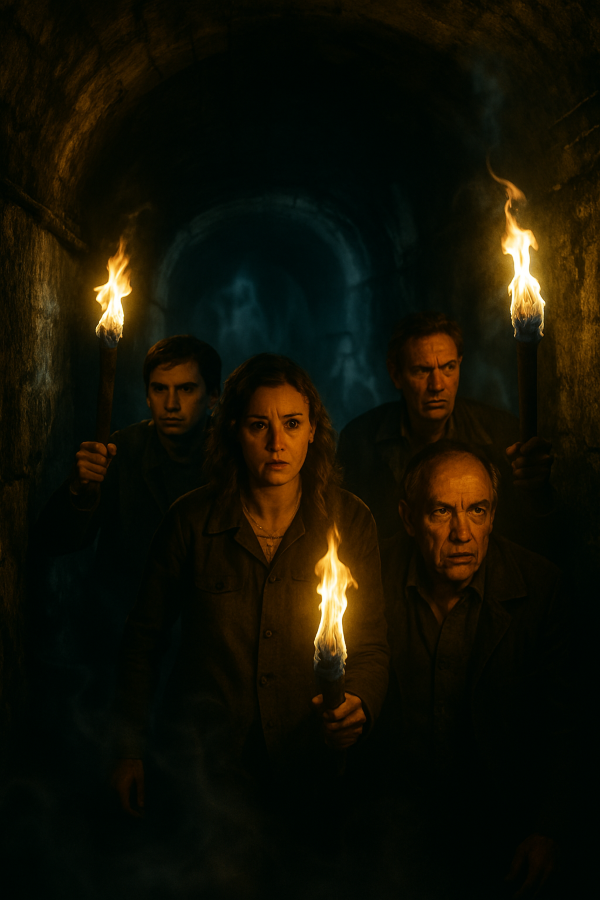 Fremantle Prison+2 — Group with torches exploring the underground tunnels at night, faces tense with suspense.