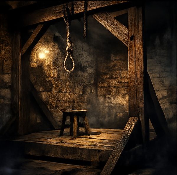 Old execution chamber with wooden gallows and hanging rope in a shadowy room