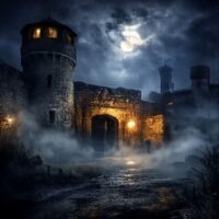 Dark exterior of a historic stone prison at night with fog and dim glowing lights