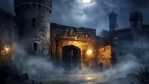 Dark exterior of a historic stone prison at night with fog and dim glowing lights