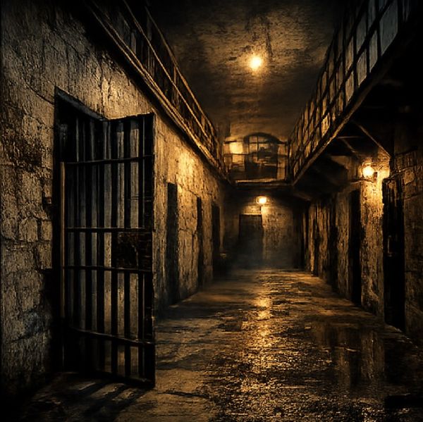 Empty prison corridor with iron bars, wet floor reflections, and low moody lighting