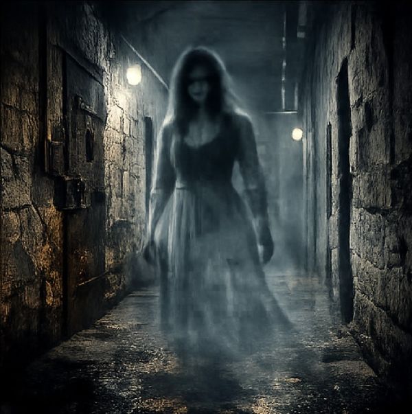 Ghostly female figure appearing in a narrow prison hallway surrounded by mist