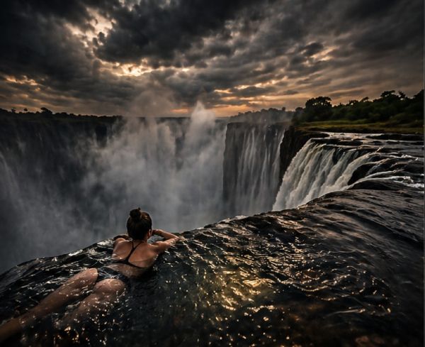 Person lying at the edge of a massive waterfall with mist rising from the abyss below