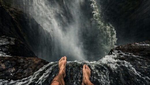 Point of view looking down a steep waterfall drop with rushing water and no barrier
