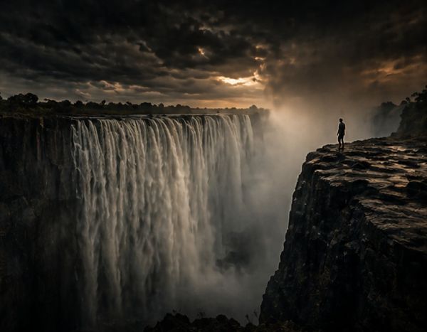 Small human figure near the edge of Victoria Falls emphasizing the massive scale