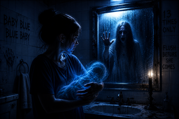 Dark bathroom lit only by blue light with shadowy woman emerging from mirror as terrified person cradles unseen baby.