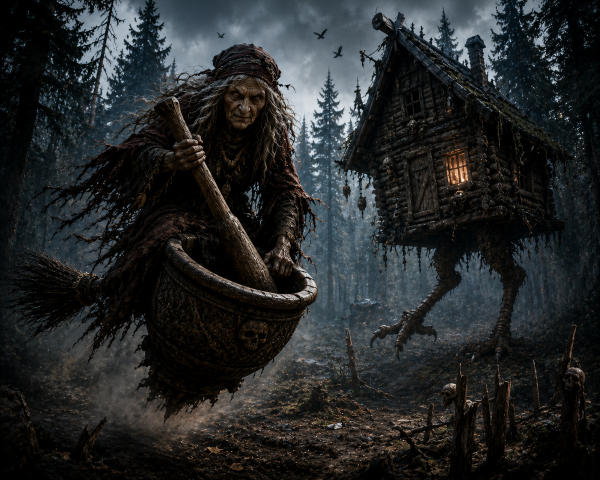 Baba Yaga flying through a haunted forest in a giant mortar while her eerie chicken-legged hut looms in the background.