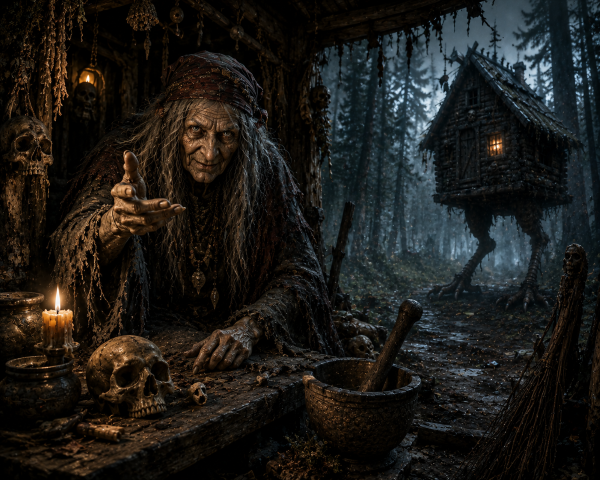 Ancient witch Baba Yaga inside a dark ritual hut surrounded by skulls, candles, and occult objects in a misty forest.
