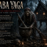 Terrifying Baba Yaga witch standing beside her cursed hut on chicken legs deep within a dark Slavic forest.