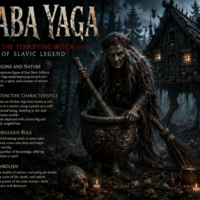 Terrifying Baba Yaga witch standing beside her cursed hut on chicken legs deep within a dark Slavic forest.