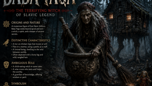 Terrifying Baba Yaga witch standing beside her cursed hut on chicken legs deep within a dark Slavic forest.
