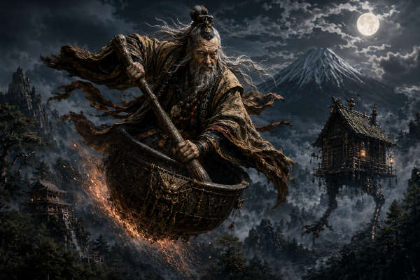 En no Ozunu flying through the night above misty Japanese mountains while performing ancient mystical rituals surrounded by supernatural energy.