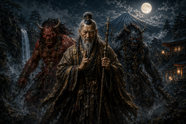 Legendary Japanese mystic En no Ozunu standing beside two terrifying demon guardians under a full moon near ancient mountain temples.