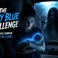 Teen girl standing in dark bathroom holding invisible baby while distorted ghost woman appears in mirror behind her.