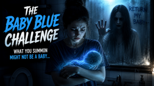 Teen girl standing in dark bathroom holding invisible baby while distorted ghost woman appears in mirror behind her.