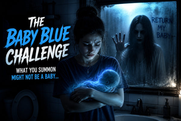 Teen girl standing in dark bathroom holding invisible baby while distorted ghost woman appears in mirror behind her.