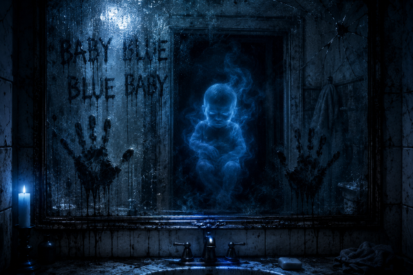 Foggy bathroom mirror with ghostly handprints and glowing blue infant silhouette reflected in cracked glass.