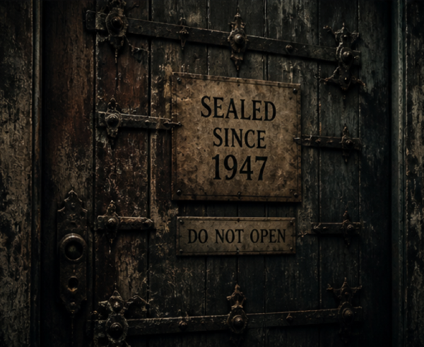 Ancient sealed wooden door covered with iron spikes and warning signs reading “Sealed Since 1947” inside Ashwood Manor.