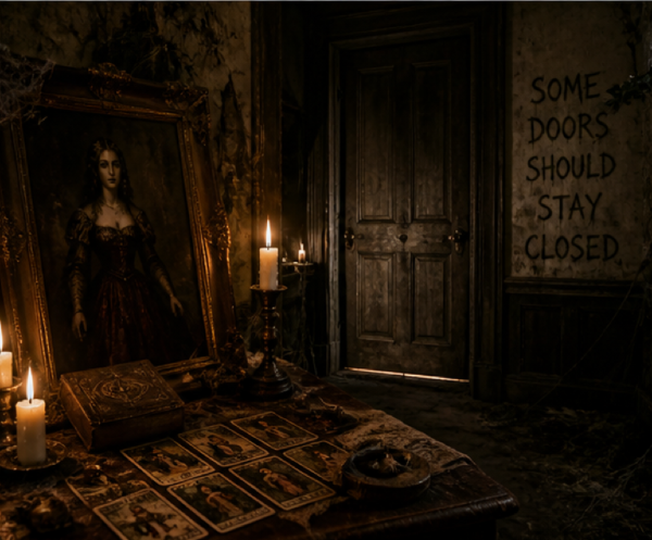 Candlelit occult room inside a haunted manor featuring tarot cards, eerie portraits, and a mysterious sealed door covered in warnings.