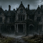 Abandoned gothic manor in Ravenscroft Hollow surrounded by fog and broken iron gates under a dark stormy sky.