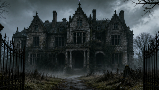 Abandoned gothic manor in Ravenscroft Hollow surrounded by fog and broken iron gates under a dark stormy sky.