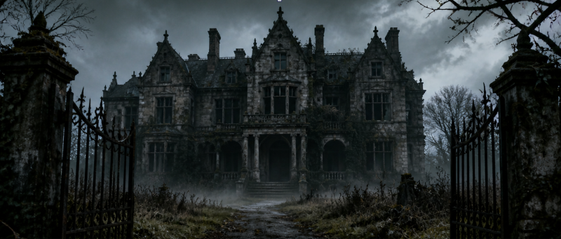 Abandoned gothic manor in Ravenscroft Hollow surrounded by fog and broken iron gates under a dark stormy sky.