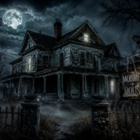 Dark abandoned Monroe House at night under a full moon with fog, dead trees, and eerie glowing windows