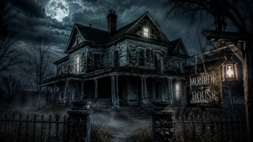 Dark abandoned Monroe House at night under a full moon with fog, dead trees, and eerie glowing windows