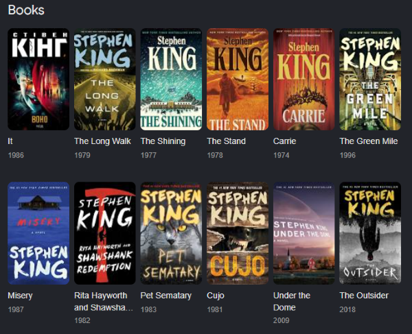 Collection of classic Stephen King horror novels displayed on a dark bookshelf with eerie lighting