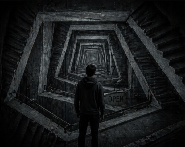 Person trapped inside a surreal infinite stairwell with repeating hallways and impossible architecture creating a disturbing optical illusion.