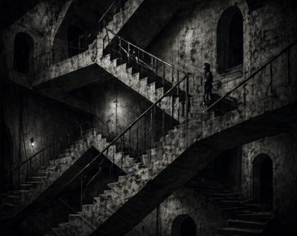 Eerie abandoned stairwell twisting endlessly upward and downward with shadowy lighting inspired by M.C. Escher style illusions.