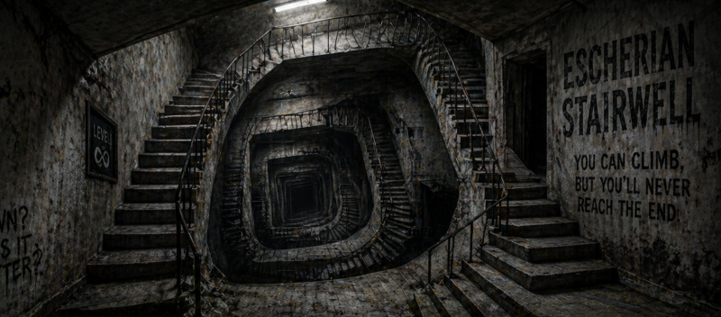 Dark impossible staircase looping endlessly inside an abandoned concrete building inspired by the Escherian Stairwell urban legend.