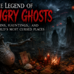 Terrifying hungry ghost with a swollen stomach and skeletal body standing among ritual offerings and haunted temple ruins at night.