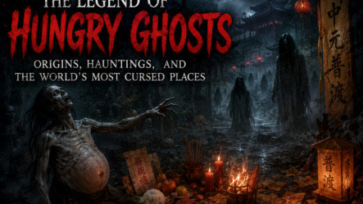 Terrifying hungry ghost with a swollen stomach and skeletal body standing among ritual offerings and haunted temple ruins at night.