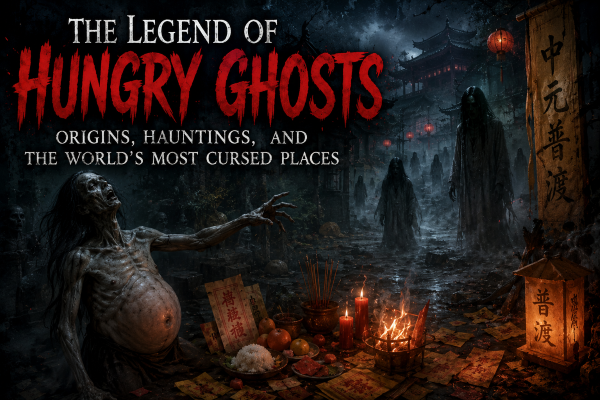 Terrifying hungry ghost with a swollen stomach and skeletal body standing among ritual offerings and haunted temple ruins at night.