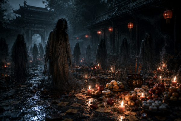 Ghostly hungry spirits wandering through a foggy lantern-lit village filled with offerings, candles, and paranormal activity during Ghost Month.