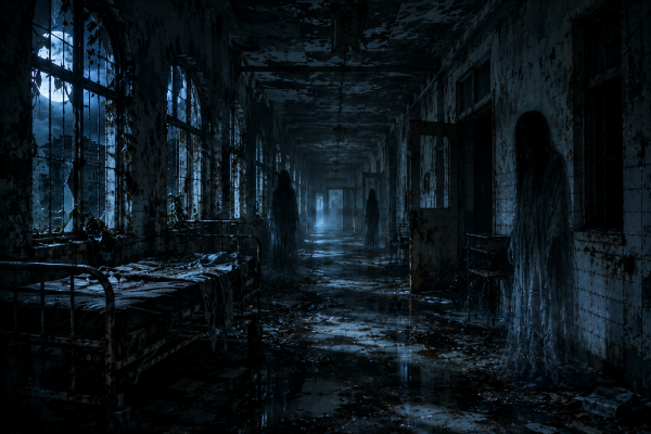 Abandoned haunted hospital corridor filled with shadowy ghost figures, broken beds, moonlight, and eerie paranormal atmosphere.