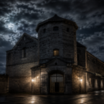 Dark haunted Fremantle Prison at night with storm clouds, glowing prison windows, wet pavement, and eerie moonlight over the historic stone walls