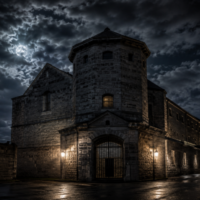 Dark haunted Fremantle Prison at night with storm clouds, glowing prison windows, wet pavement, and eerie moonlight over the historic stone walls