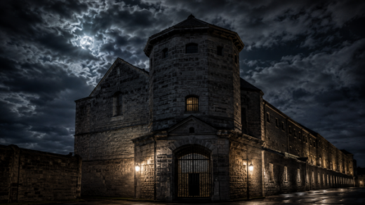 Dark haunted Fremantle Prison at night with storm clouds, glowing prison windows, wet pavement, and eerie moonlight over the historic stone walls