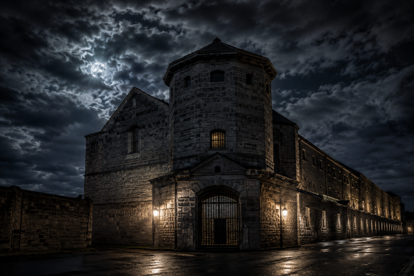 Dark haunted Fremantle Prison at night with storm clouds, glowing prison windows, wet pavement, and eerie moonlight over the historic stone walls